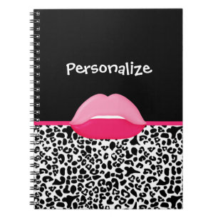 Caderno Espiral Lábios cor-de-rosa e pretos femininos e nome do