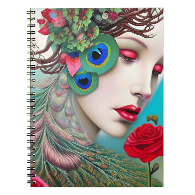 Caderno Espiral Lábios vermelhos e Rosa de Peacock (Frente)