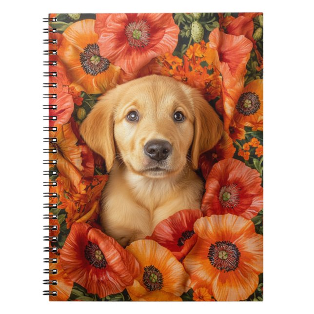 Caderno Espiral Labrador x Ouro Puppy escondido em papagaios (Frente)