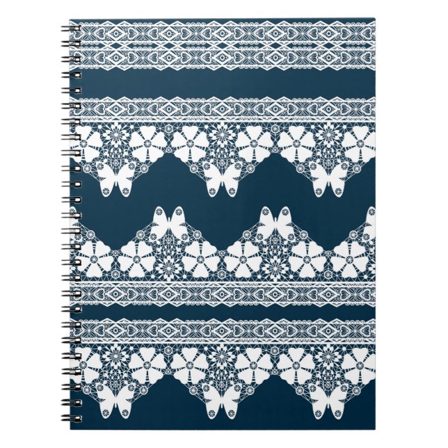 Caderno Espiral Lace branco retrô com borboletas em azul escuro b (Frente)