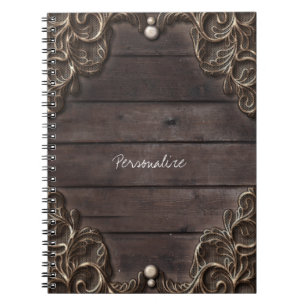 Caderno Espiral Lace & Dark Wood Rustic Vintage Western Elegant