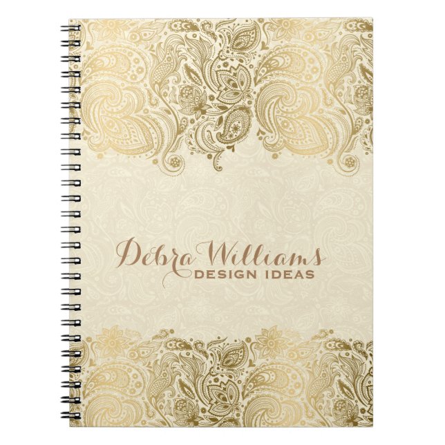 Caderno Espiral Lace de Paisley Floral Beige & Dourado (Frente)