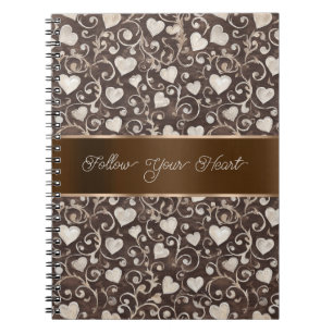 Caderno Espiral Laço Corações Creme Marrom