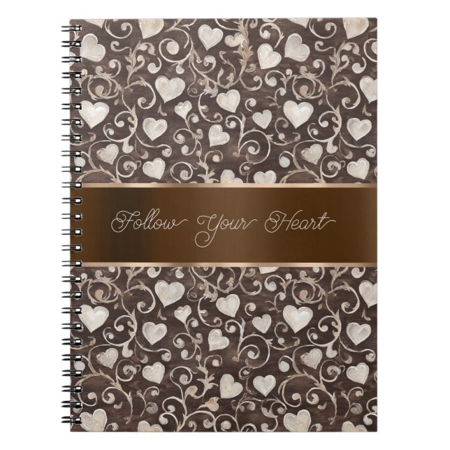 Caderno Espiral Laço Corações Creme Marrom   (Frente)