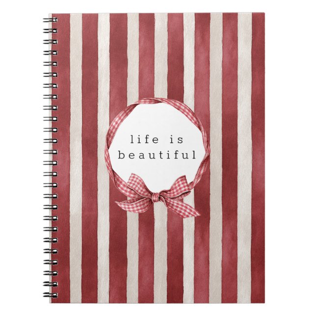 Caderno Espiral Laço de Listras Vermelhas e Creme (Frente)