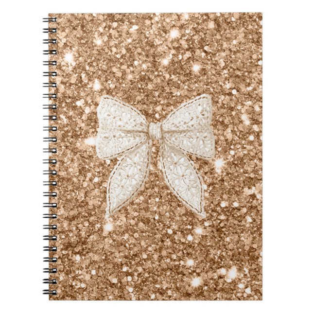 Caderno Espiral Laço de Renda Falsa Creme com Purpurina Dourada (Frente)