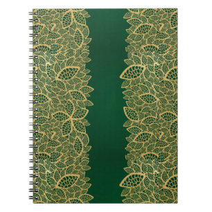 Caderno Espiral Laço dourado da folha no fundo verde