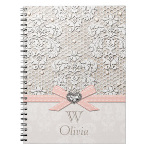 Caderno Espiral Laço e pérolas cor-de-rosa Monogrammed do vintage