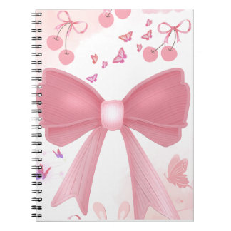 Caderno Espiral Laço Rosa Coquette e Cerejas Estética em Colagem –