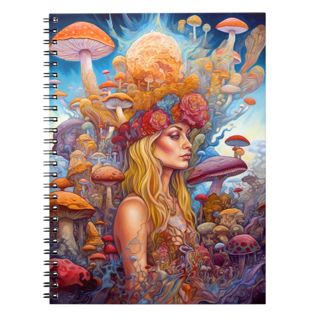 Caderno Espiral Lady E Cogumelos Surreal Fantasy Art (Frente)