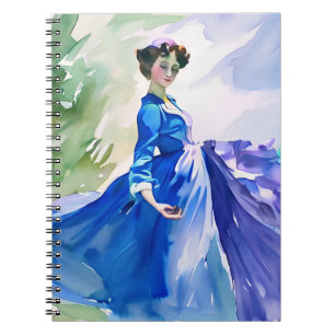 Caderno Espiral Lady in Blue Vress - Pintura por Aquarela