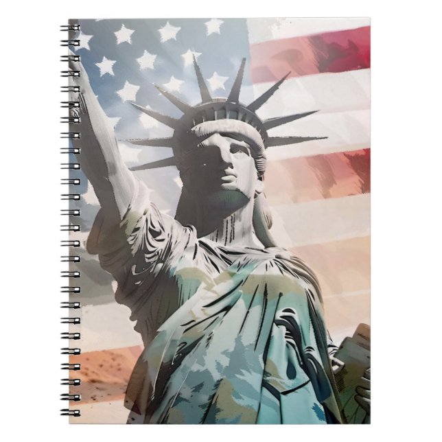 Caderno Espiral Lady Liberty e a bandeira americana (Frente)
