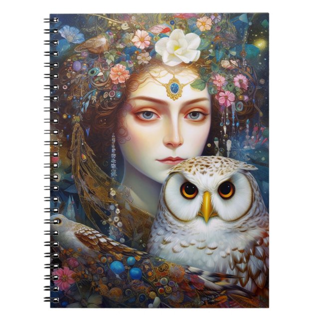 Caderno Espiral Lady With Owl Surreal Fantasy Art (Frente)