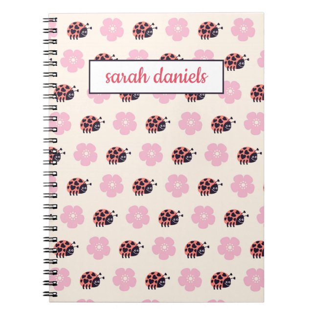 Caderno Espiral Ladybug personalizado e padrão de flores (Frente)