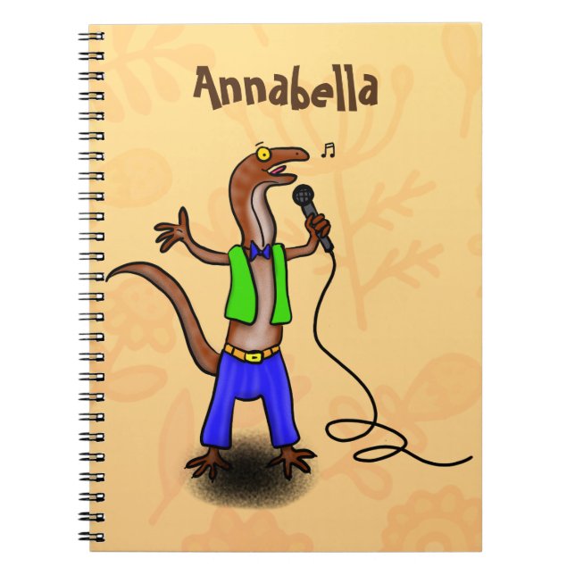 Caderno Espiral Lagarto engraçado cantando com microfone cartoon (Frente)