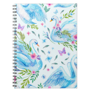 Caderno Espiral Lago dos cisnes, padrão contínuo fofo em aquarela.
