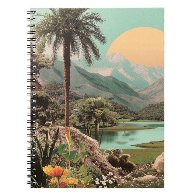 Caderno Espiral Lago Tropical Surreal Com Palmeiras (Frente)