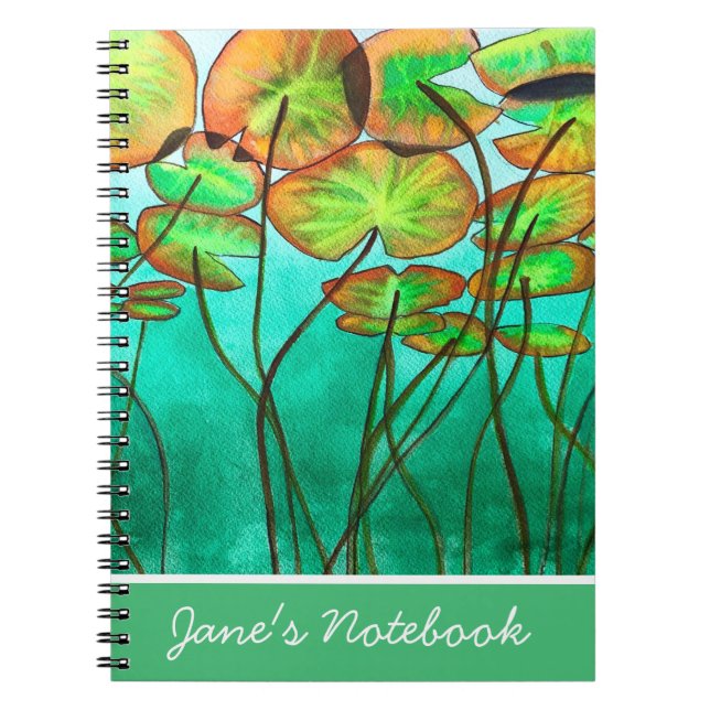Caderno Espiral lagoa verde serena com nenúfares (Frente)