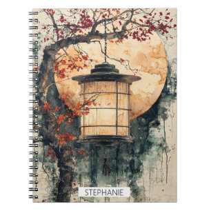 Caderno Espiral Lanterna Iluminada pela Lua Sumi-E Aquarela (2)