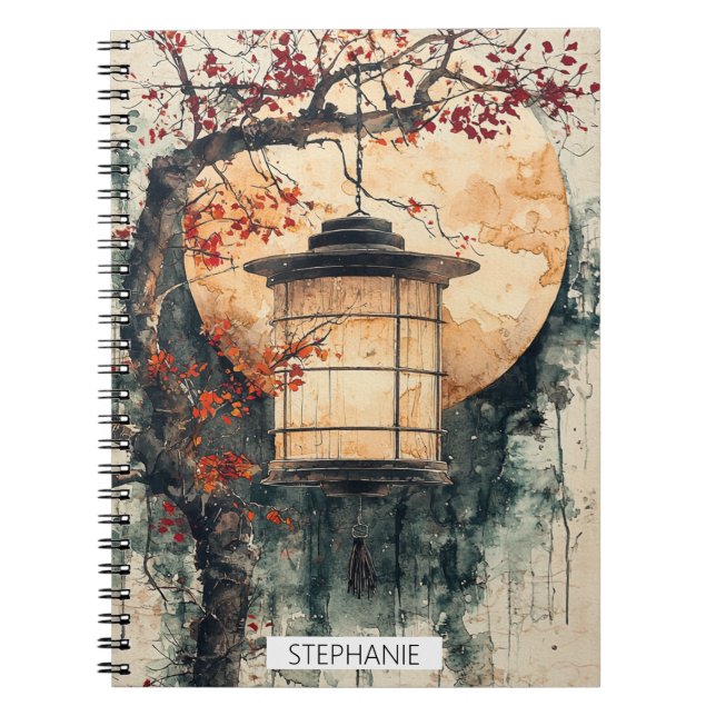 Caderno Espiral Lanterna Iluminada pela Lua Sumi-E Aquarela (2) (Frente)