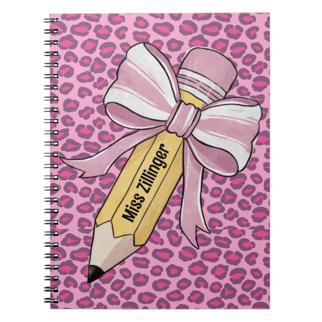 Caderno Espiral lápis personalizado com arco rosa e branco (Frente)