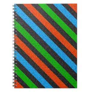 Caderno Espiral Laranja, Azul, Verde, Brilho Negro Striped