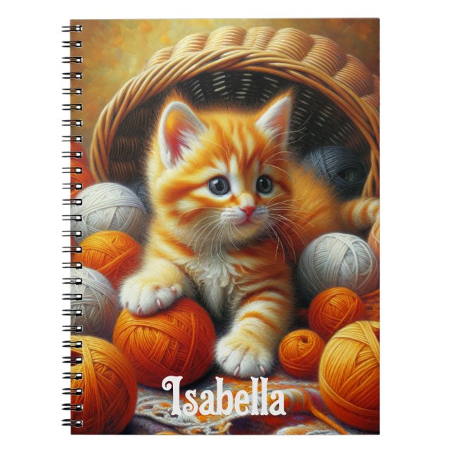 Caderno Espiral Laranja-branca e Kitten Branca Branca Brincando em (Frente)