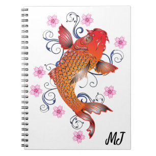Caderno Espiral Laranja Brilhante e Peixe Koi Oriental Amarelo Per