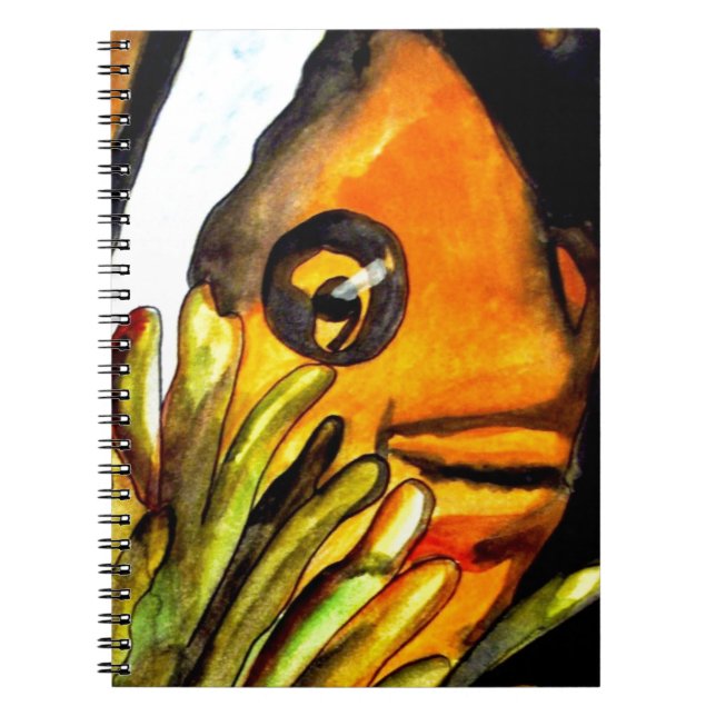 Caderno Espiral Laranja Palhaço Peixe aquarela pintura original (Frente)