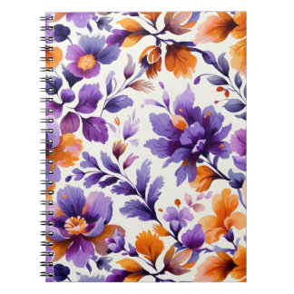Caderno Espiral Laranja Vibrante e Púrpura Aquarela Floral NotaBoo