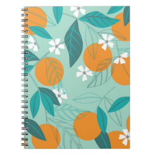 Caderno Espiral Laranjas florescentes, folhas, arte safada.