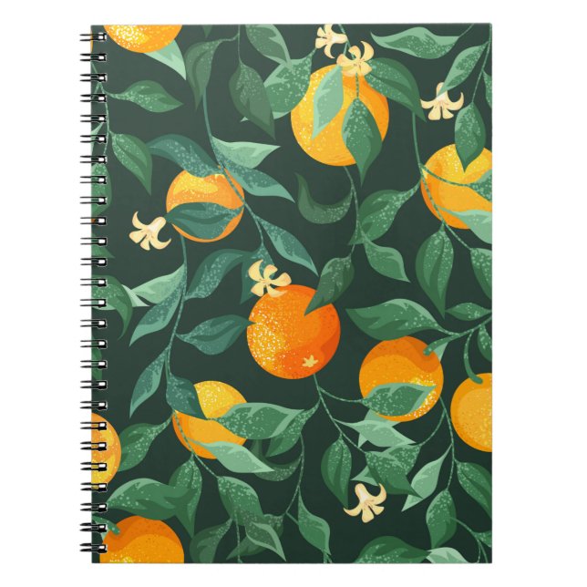 Caderno Espiral Laranjeiras, galhos com flores em uma parte verde (Frente)