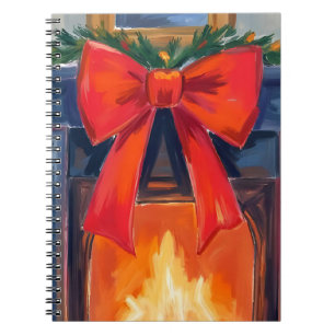 Caderno Espiral Lareira de Natal   Aquarela Alegre com Laço Vermel