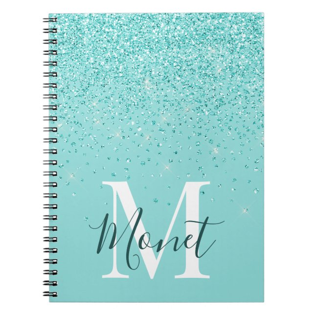 Caderno Espiral Largas Teais Monograma Nome Diário Self Care (Frente)