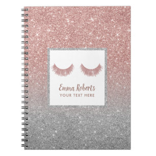 Caderno Espiral Lashes Beauty Rosa Dourado e Silver Glitter Modern