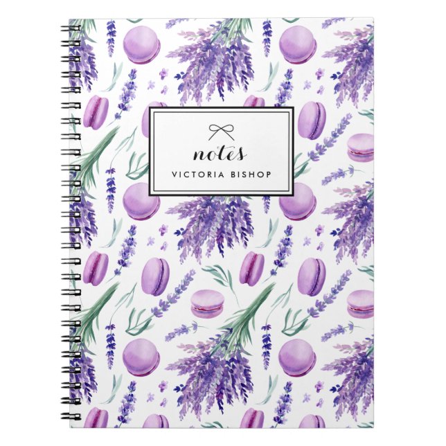 Caderno Espiral Lavanda de Aquarela e Padrão de Macarons Personali (Frente)
