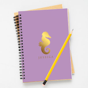 Caderno Espiral Lavanda e cavalo marinho da folha Dourado do falso