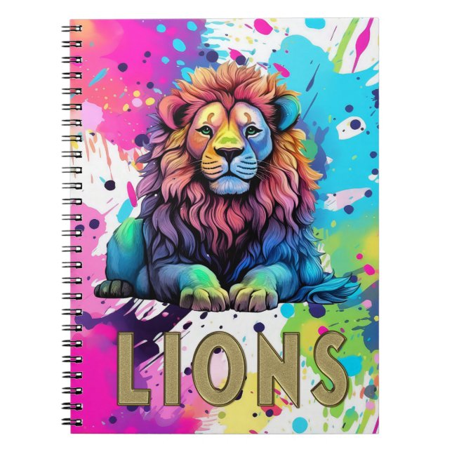 Caderno Espiral Leão Arco-íris com Salpicos de Tinta para Crianças (Frente)