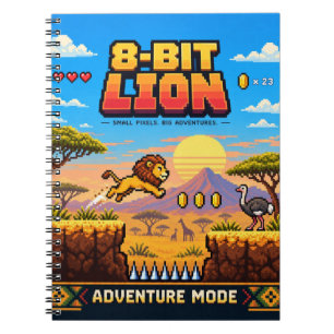 Caderno Espiral Leão, Arte Pixel 8-Bit Retro