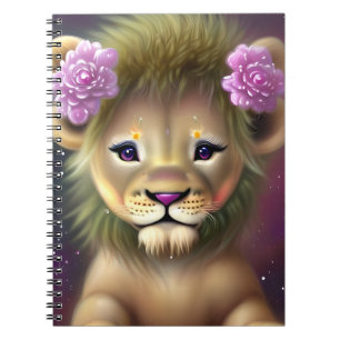 Caderno Espiral Leão-Bebê-Cute com Flores Rosa Gráfico