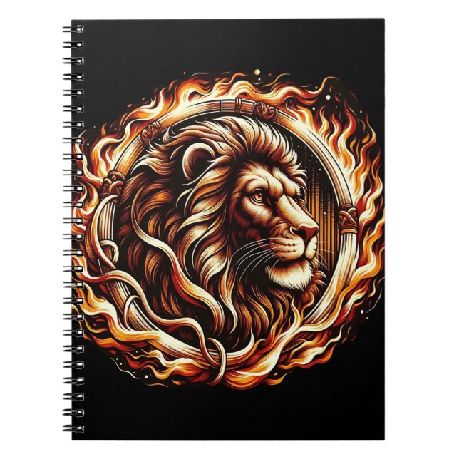 Caderno Espiral Leão flamejante em anel de chamas Astrologia (Frente)