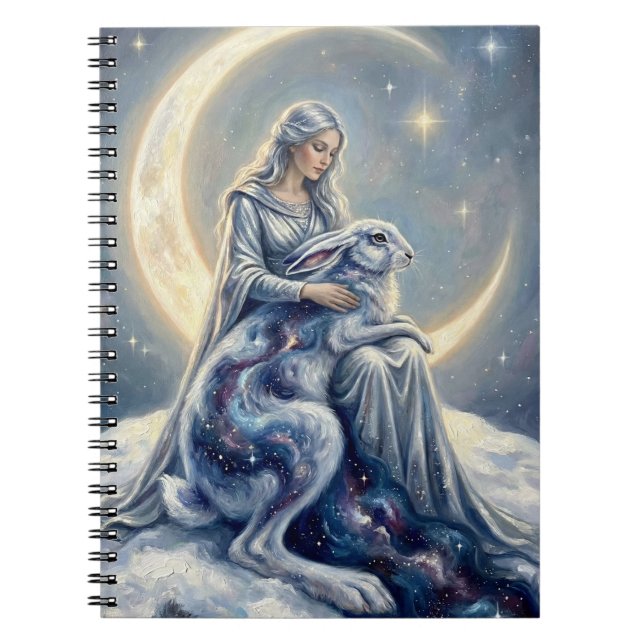 Caderno Espiral Lebre Lua Deusa Galáxia Celestial Arte Fantasia (Frente)