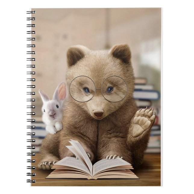 Caderno Espiral Leitor De Urso De Presente E Coelho Lê Livros (Frente)