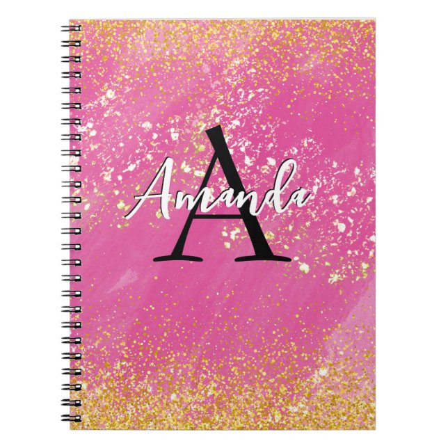Caderno Espiral Leitura Rosa Quente Monograma Adicionar Seu Nome + (Frente)