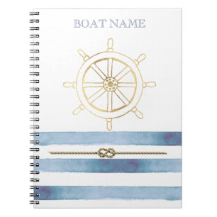 Caderno Espiral Leme de Barco Ouro Náutico,Listras de Aquarela Azu
