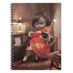 Caderno Espiral Lendo Gato em Cheongsam