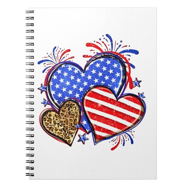 Caderno Espiral Leopard American Flag Heart 4 de julho dos EUA (Frente)