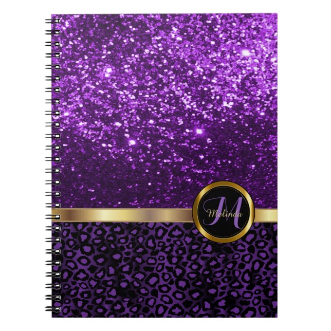 Caderno Espiral Leopard Animal Print com brilho roxo (Frente)