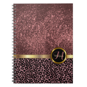Caderno Espiral Leopard Animal Print com Rosa Dourada Glitter