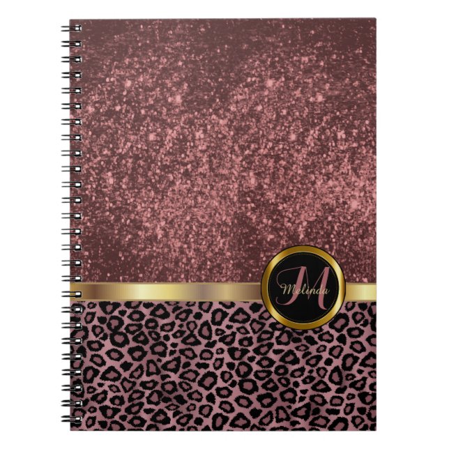 Caderno Espiral Leopard Animal Print com Rosa Dourada Glitter (Frente)